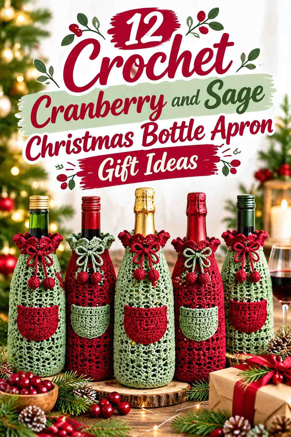 Crochet Cranberry and Sage Christmas Bottle Apron Gift Ideas