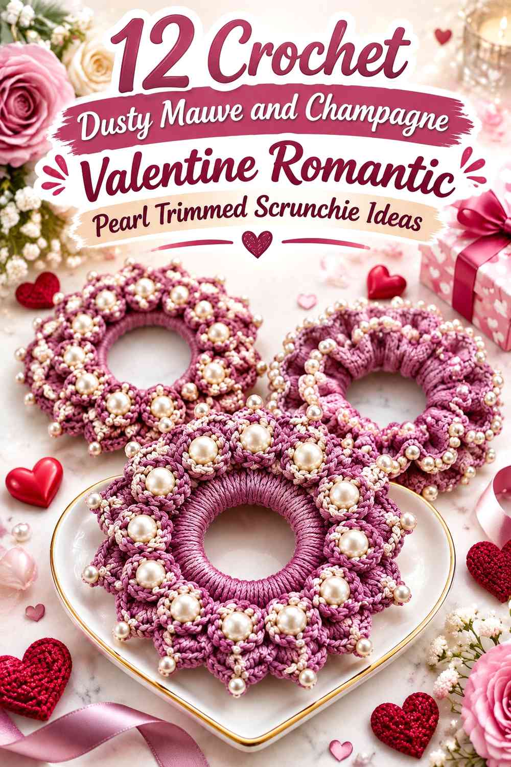 Crochet Dusty Mauve and Champagne Valentine Romantic Pearl Trimmed Scrunchie Ideas