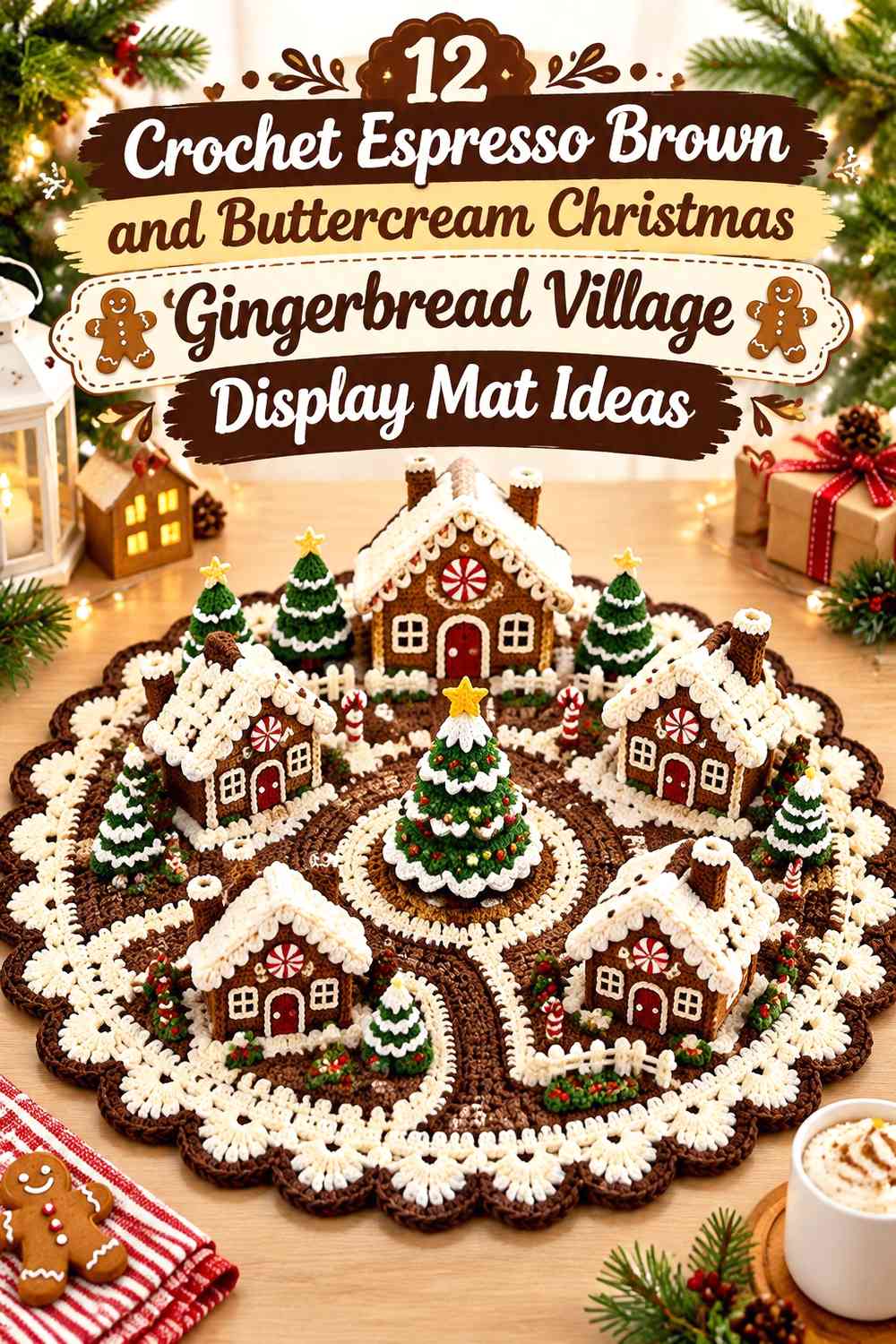 Crochet Espresso Brown and Buttercream Christmas Gingerbread Village Display Mat Ideas