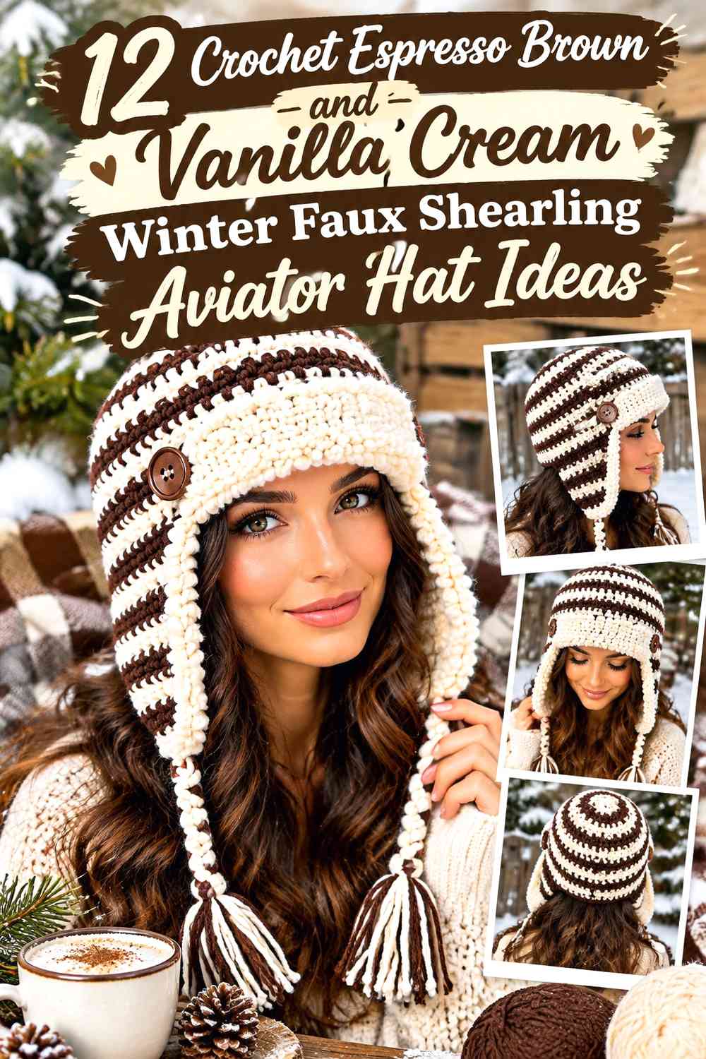 Crochet Espresso Brown and Vanilla Cream Winter Faux Shearling Aviator Hat Ideas