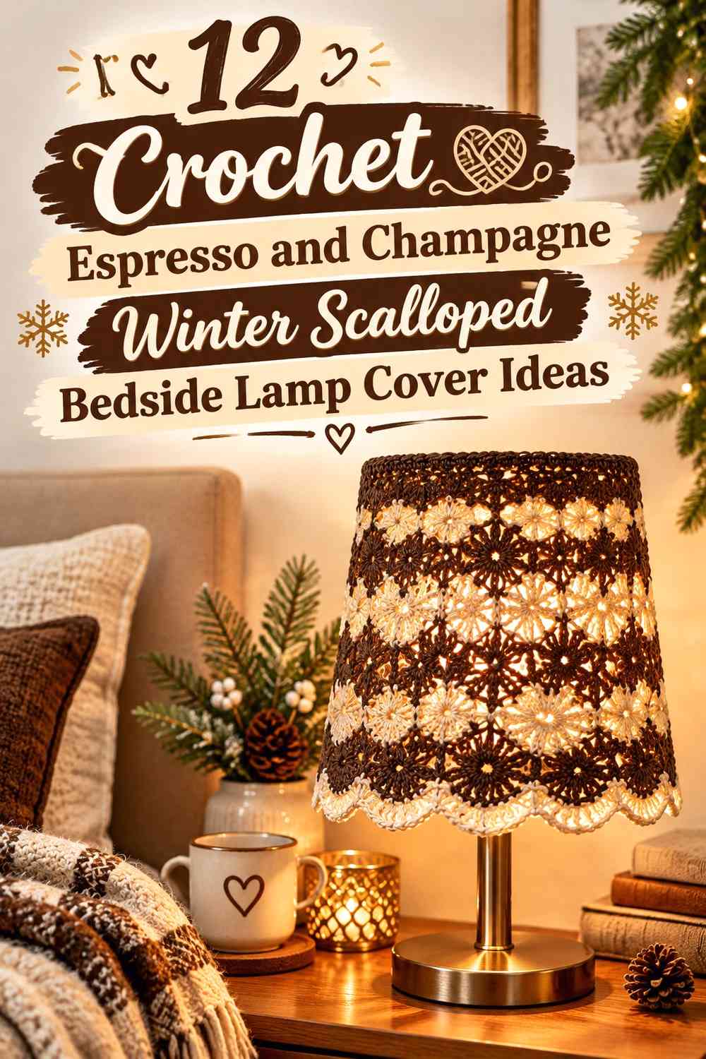 Crochet Espresso and Champagne Winter Scalloped Bedside Lamp Cover Ideas