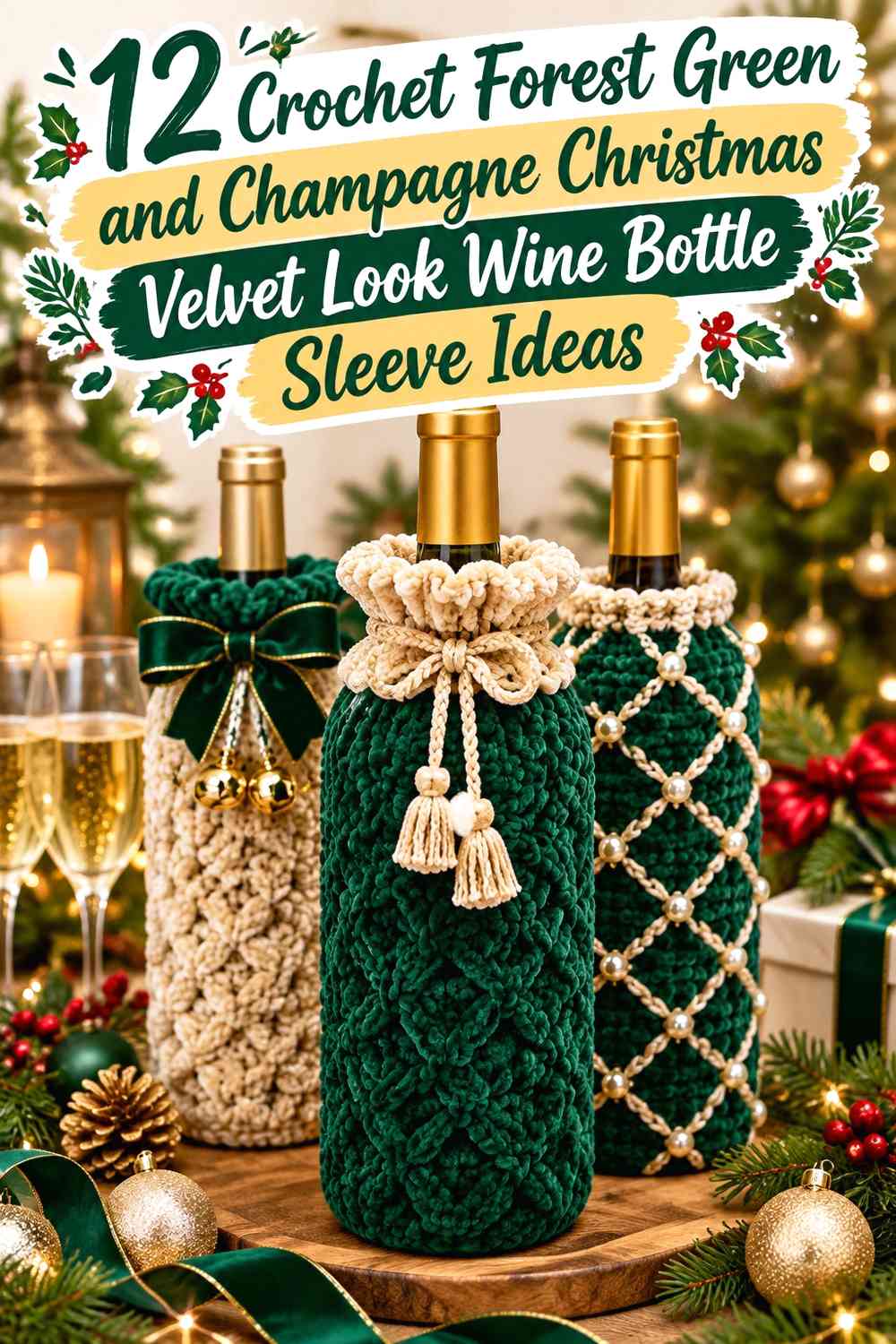 Crochet Forest Green and Champagne Christmas Velvet Look Wine Bottle Sleeve Ideas