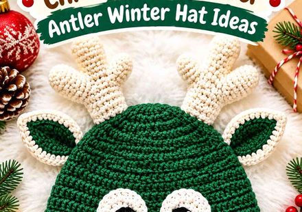 Crochet Forest Green and Cream Christmas Reindeer Antler Winter Hat Ideas