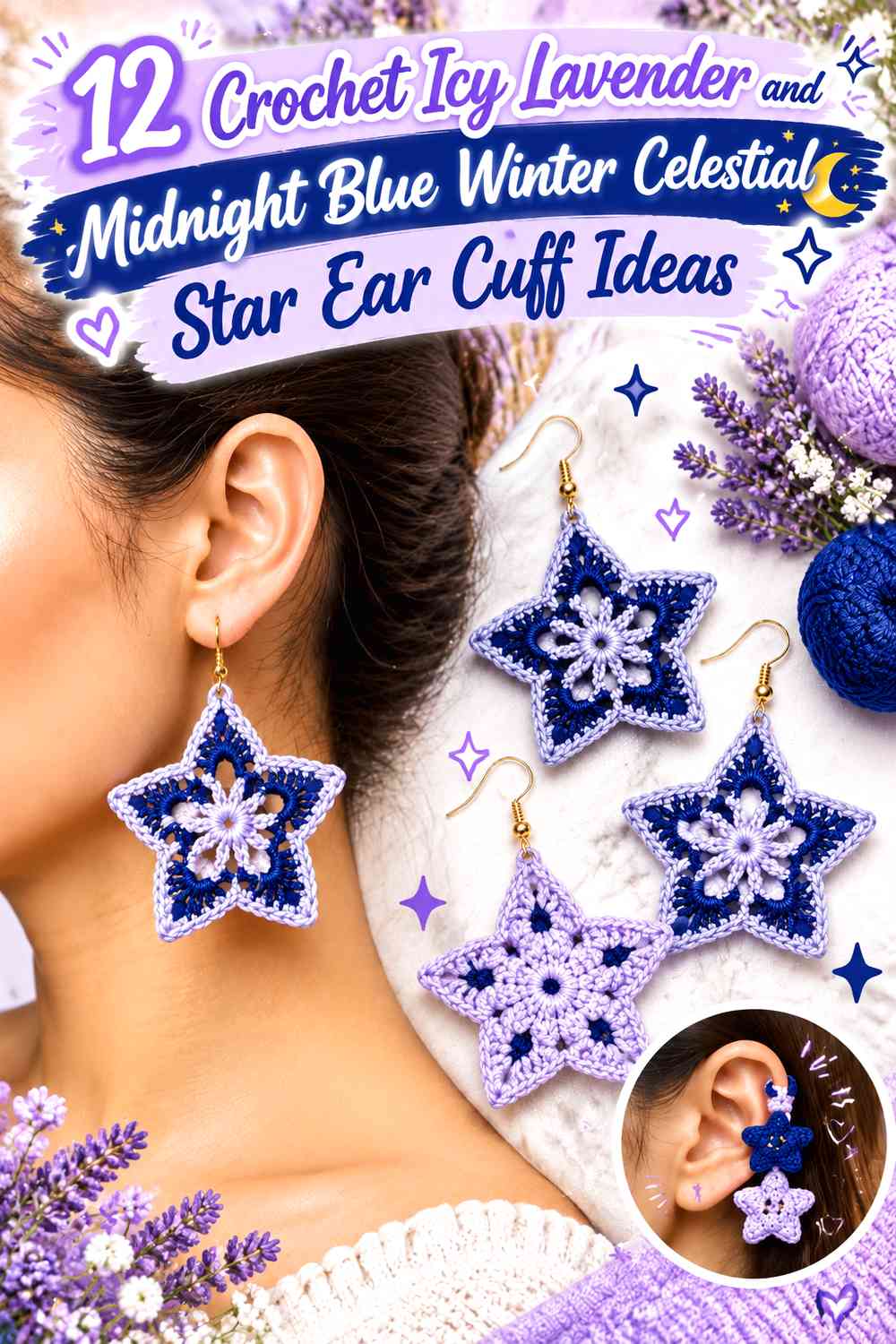 Crochet Icy Lavender and Midnight Blue Winter Celestial Star Ear Cuff Ideas