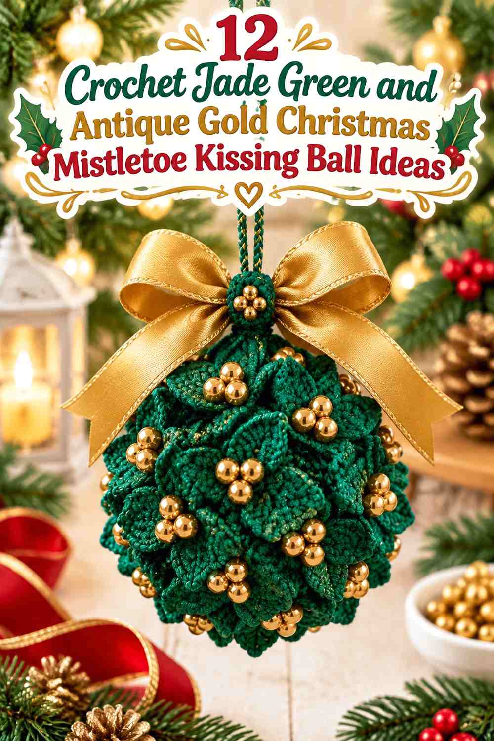 Jade Green and Antique Gold Crochet Christmas Mistletoe Kissing Ball Ideas