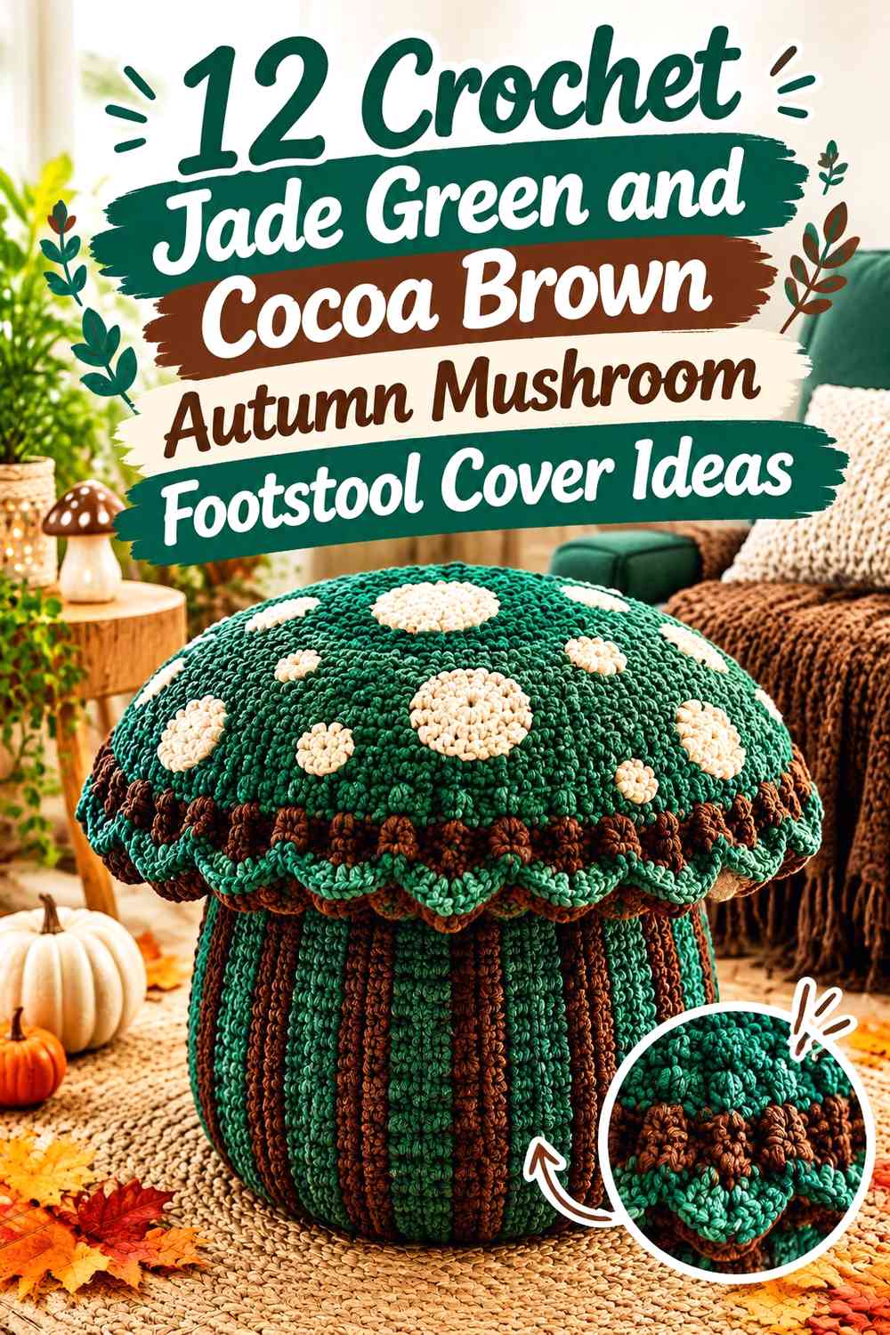 Crochet Jade Green and Cocoa Brown Autumn Mushroom Footstool Cover Ideas