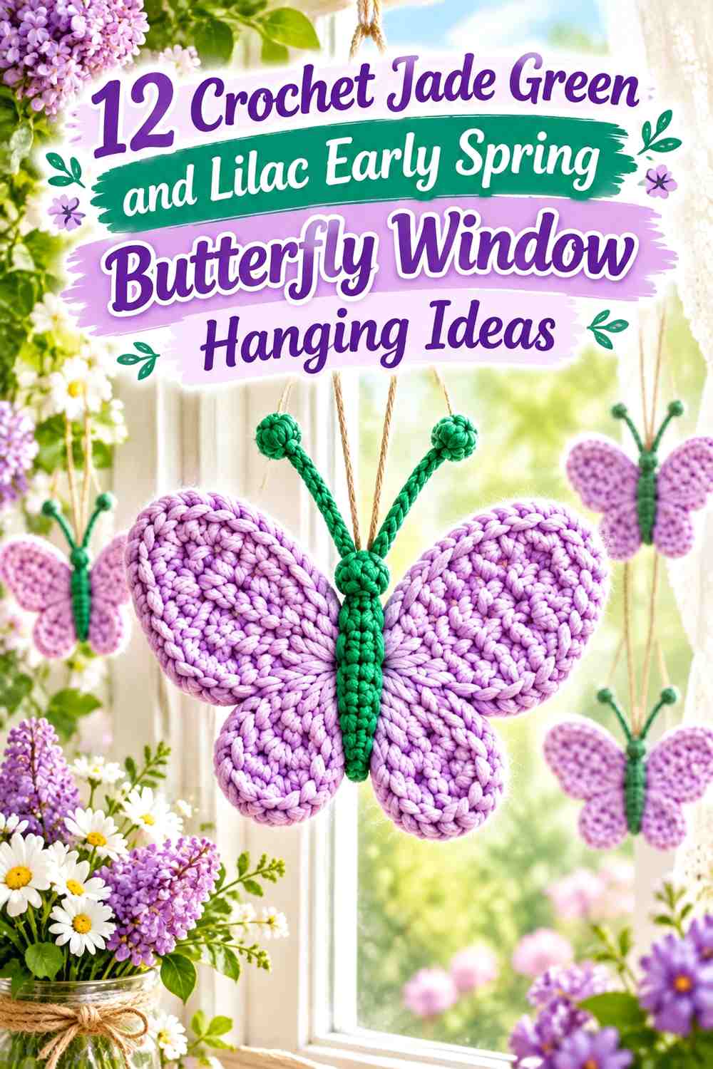 Crochet Jade Green and Lilac Early Spring Butterfly Window Hanging Ideas