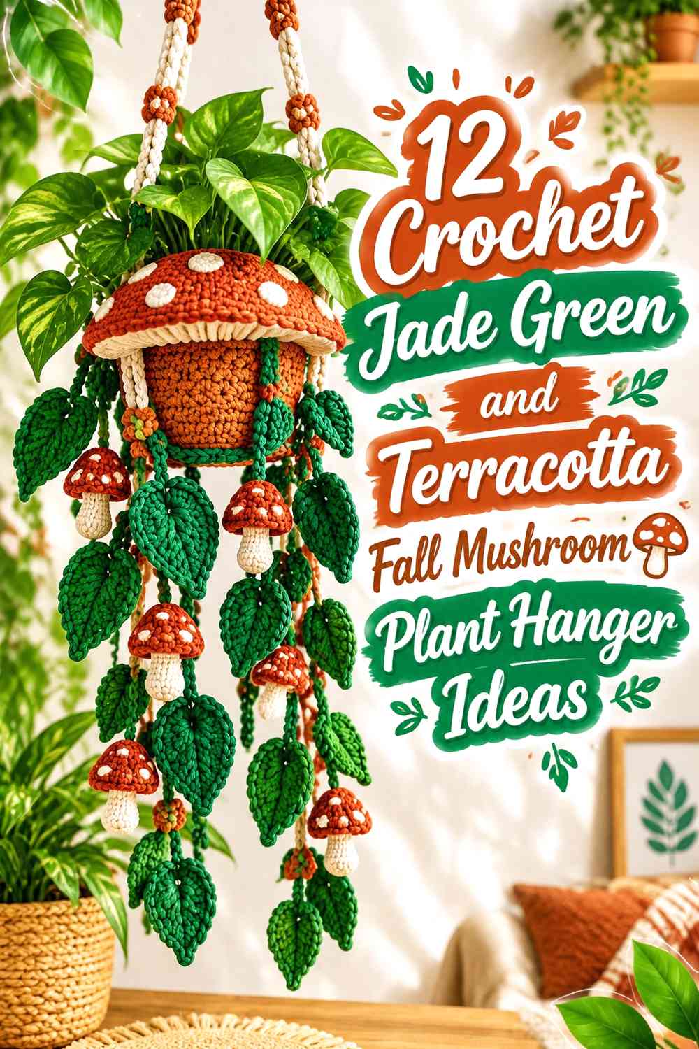 Crochet Jade Green and Terracotta Fall Mushroom Plant Hanger Ideas