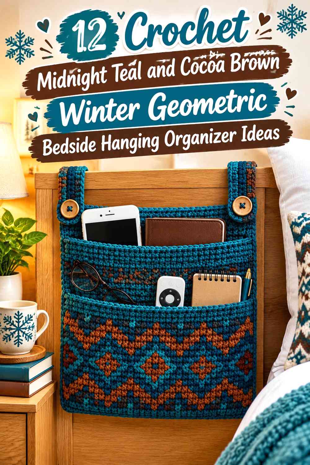 Crochet Midnight Teal and Cocoa Brown Winter Geometric Bedside Hanging Organizer Ideas