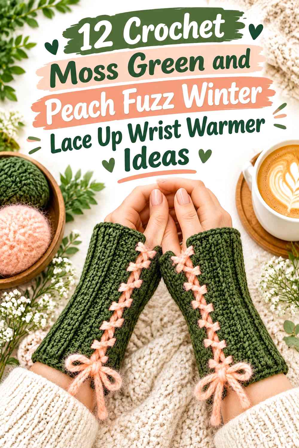 Crochet Moss Green and Peach Fuzz Winter Lace Up Wrist Warmer Ideas