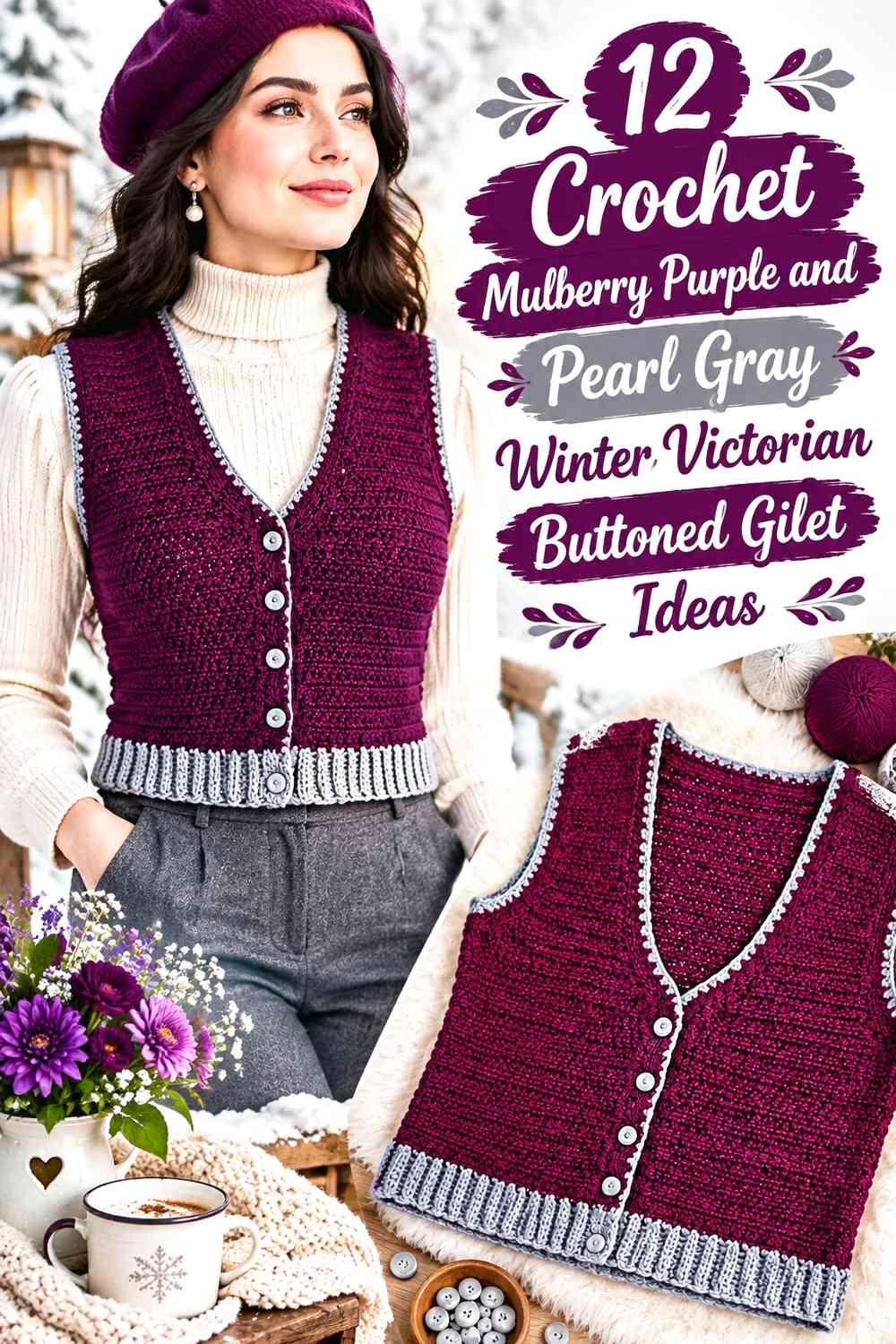 Crochet Mulberry Purple and Pearl Gray Winter Victorian Buttoned Gilet Ideas