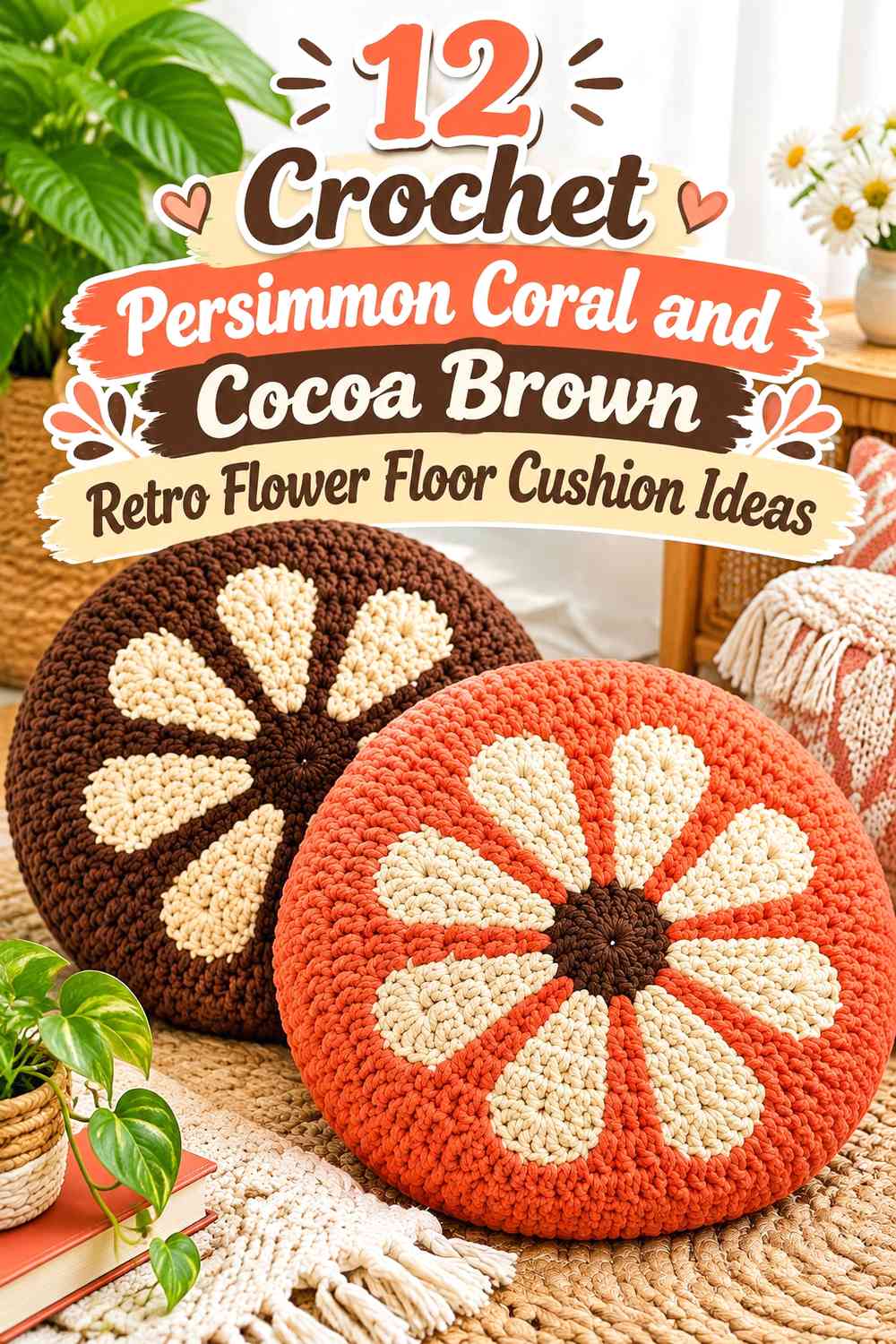 Crochet Persimmon Coral and Cocoa Brown Retro Flower Floor Cushion Ideas