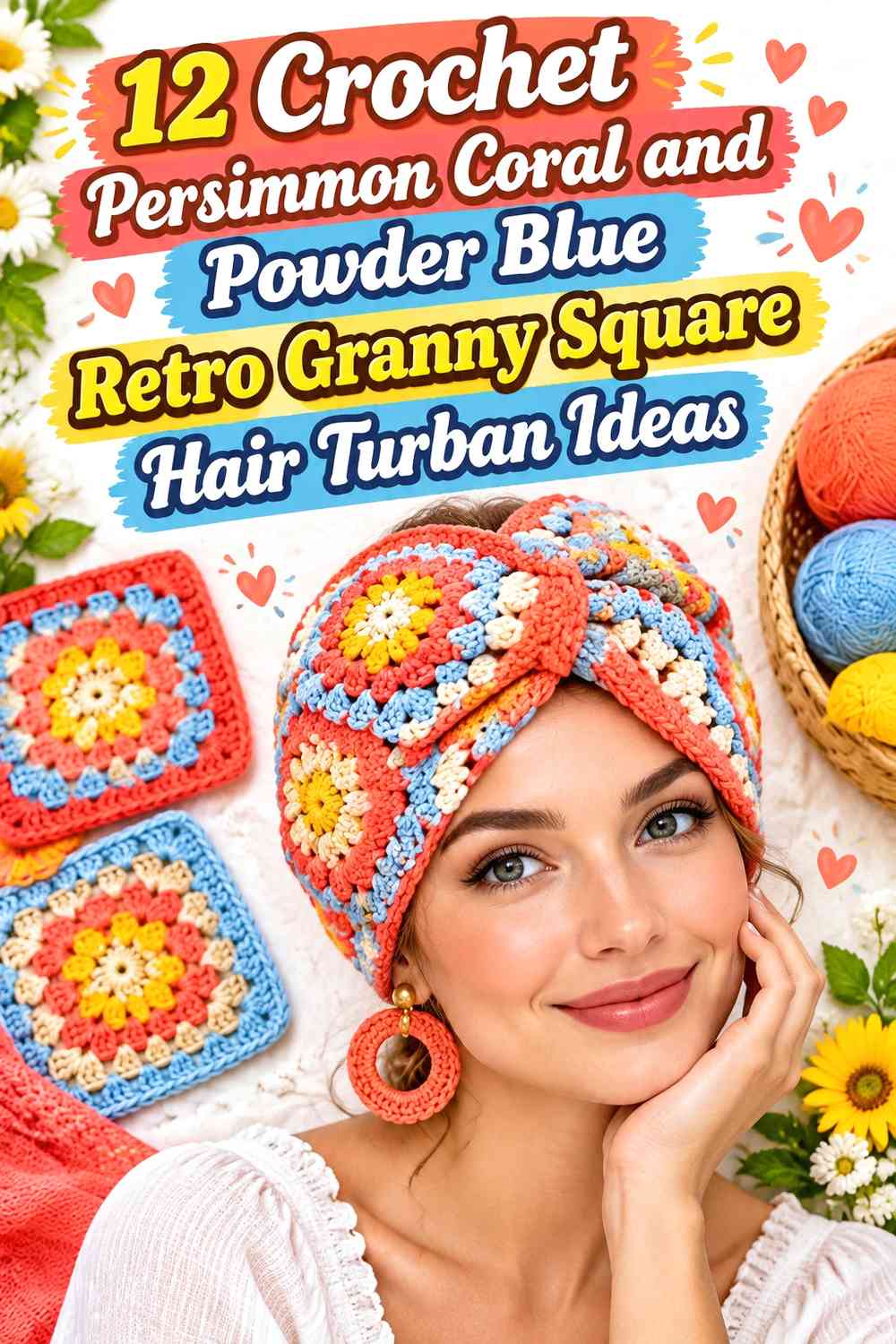 Crochet Persimmon Coral and Powder Blue Retro Granny Square Hair Turban Ideas