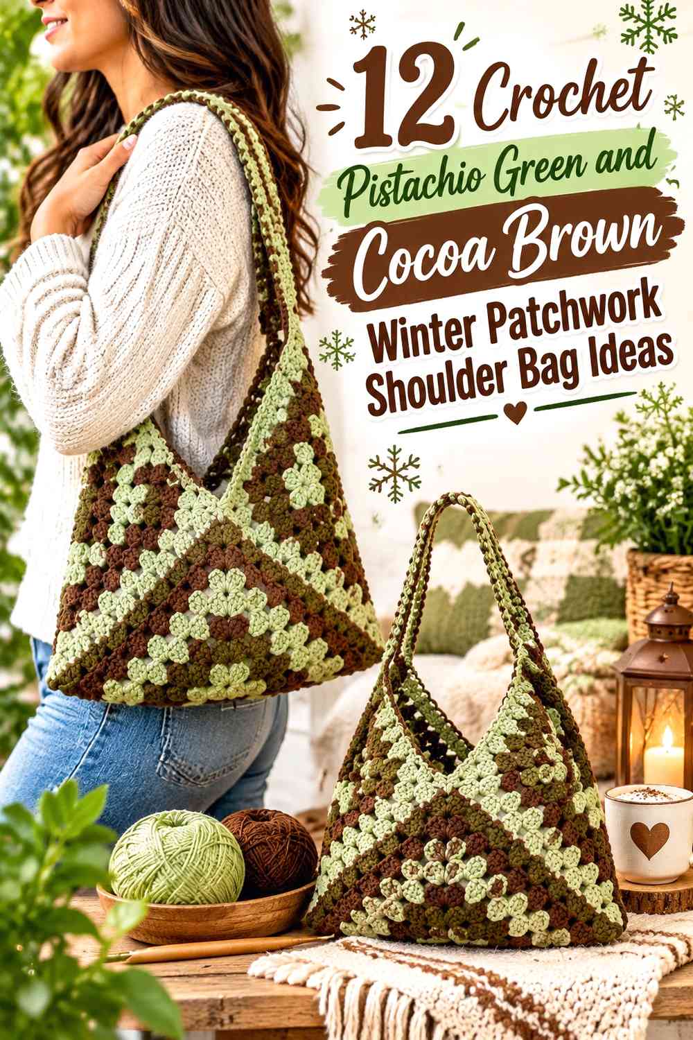 Crochet Pistachio Green and Cocoa Brown Winter Patchwork Shoulder Bag Ideas