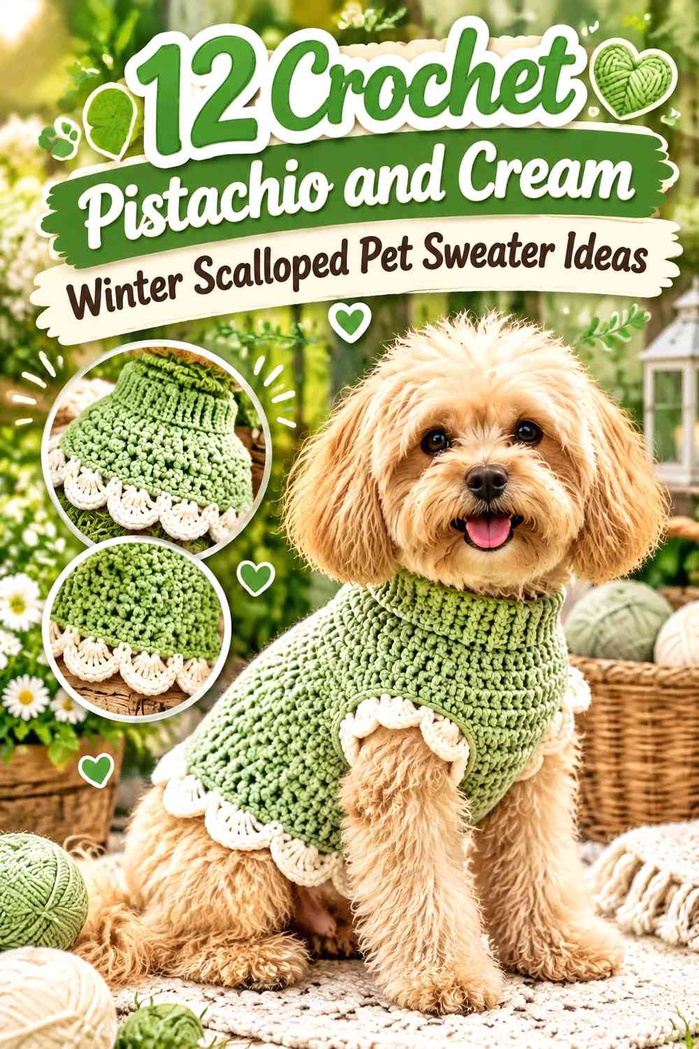 Crochet Pistachio and Cream Winter Scalloped Pet Sweater Ideas