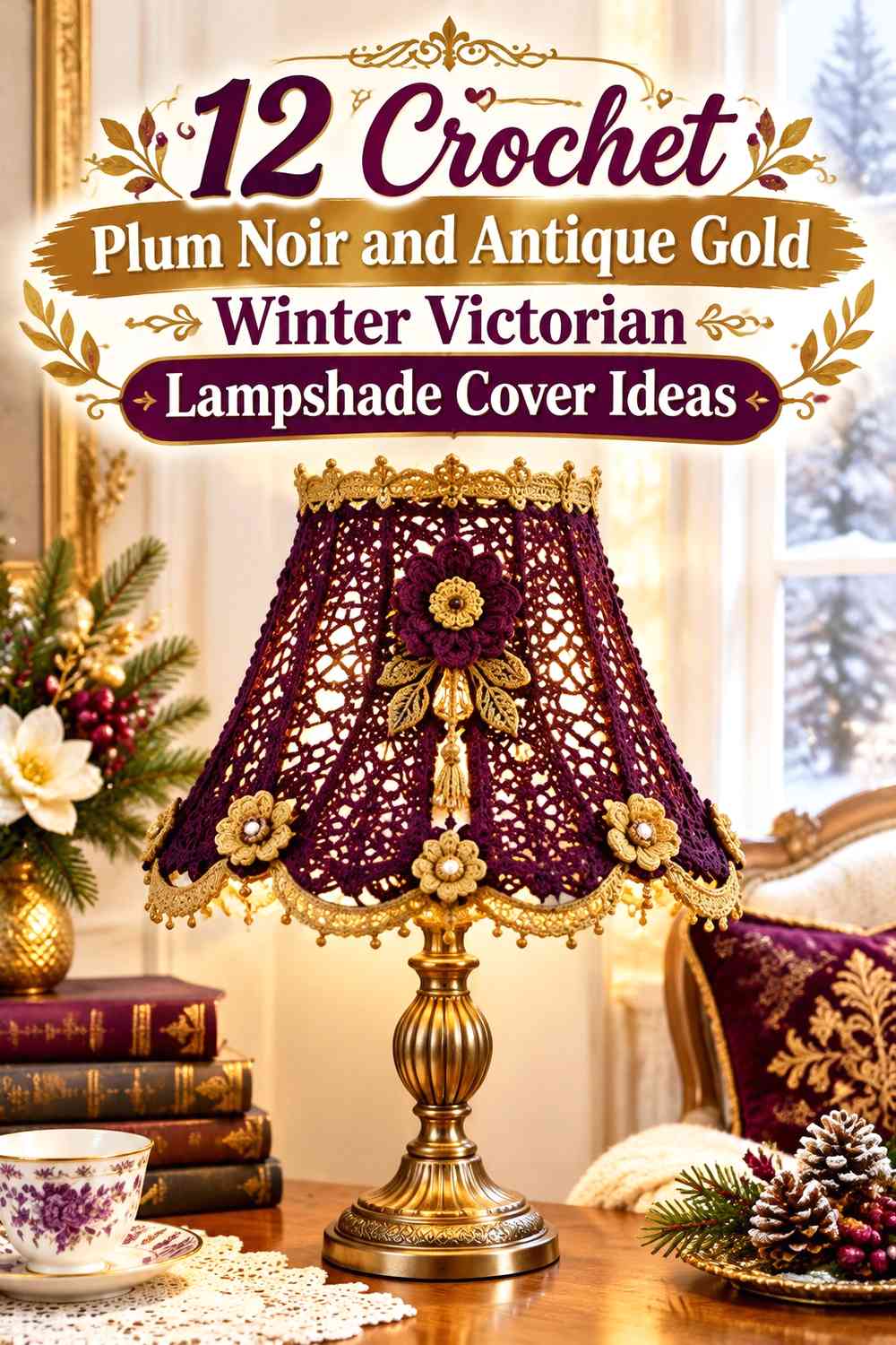 Crochet Plum Noir and Antique Gold Winter Victorian Lampshade Cover Ideas