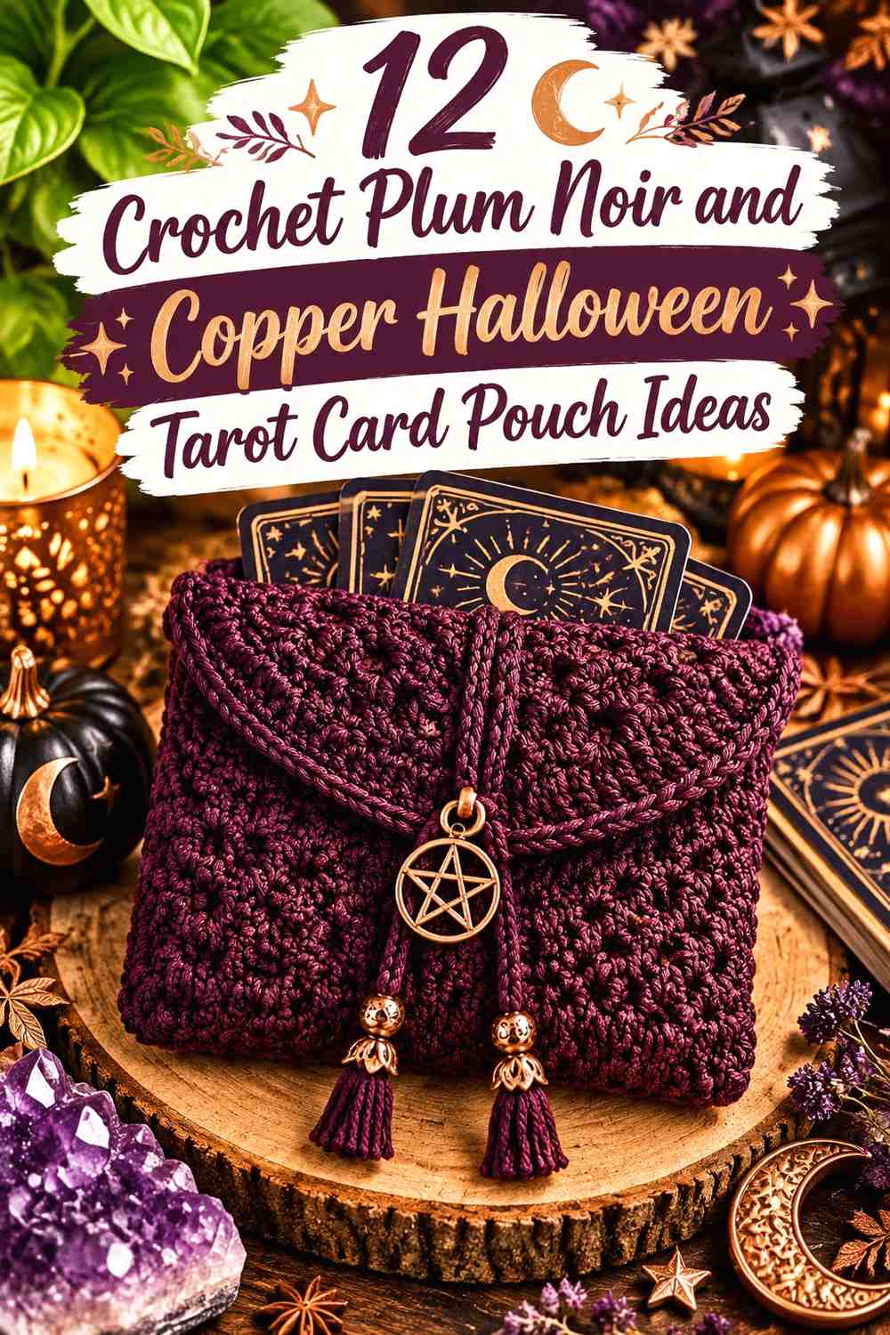 Plum Noir and Copper Crochet Halloween Tarot Card Pouch Ideas