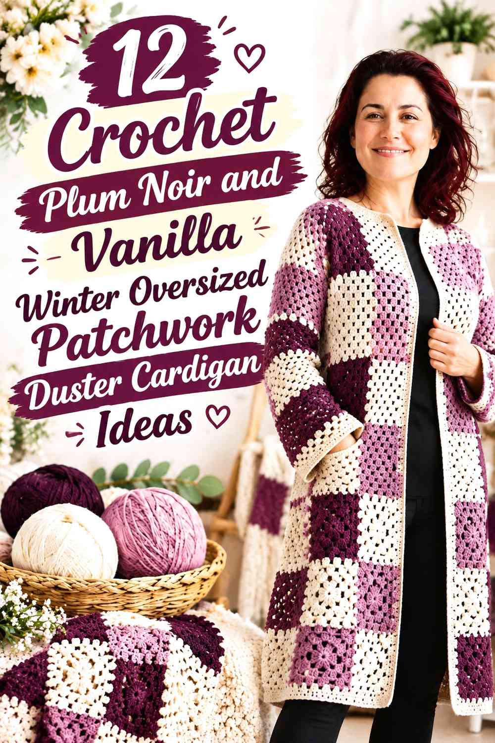 Crochet Plum Noir and Vanilla Winter Oversized Patchwork Duster Cardigan Ideas