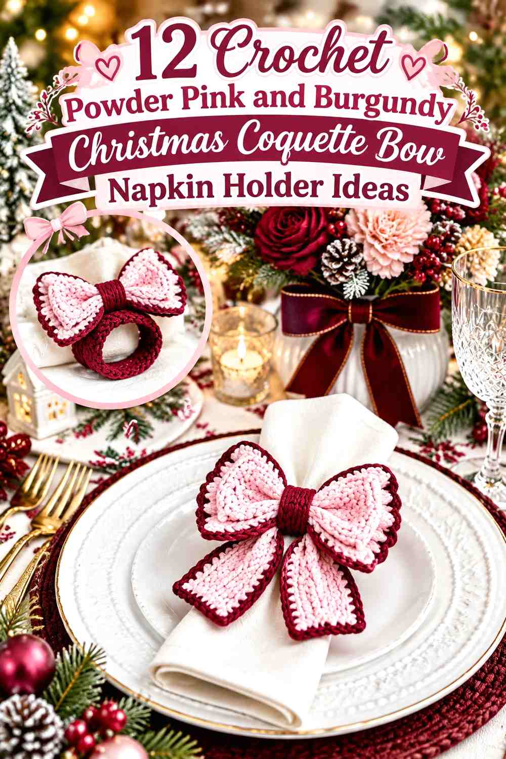 Powder Pink and Burgundy Crochet Christmas Coquette Bow Napkin Holder Ideas