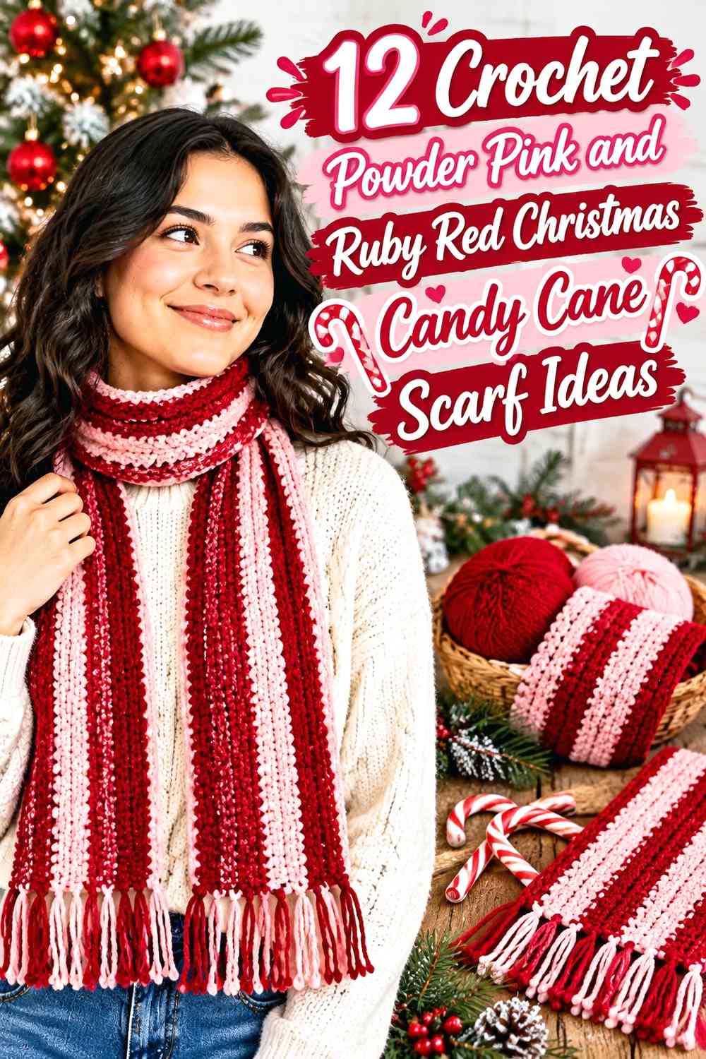 Crochet Powder Pink and Ruby Red Christmas Candy Cane Scarf Ideas