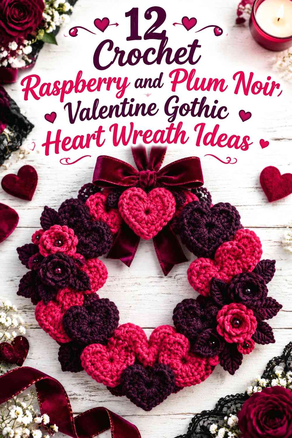 Crochet Raspberry and Plum Noir Valentine Gothic Heart Wreath Ideas