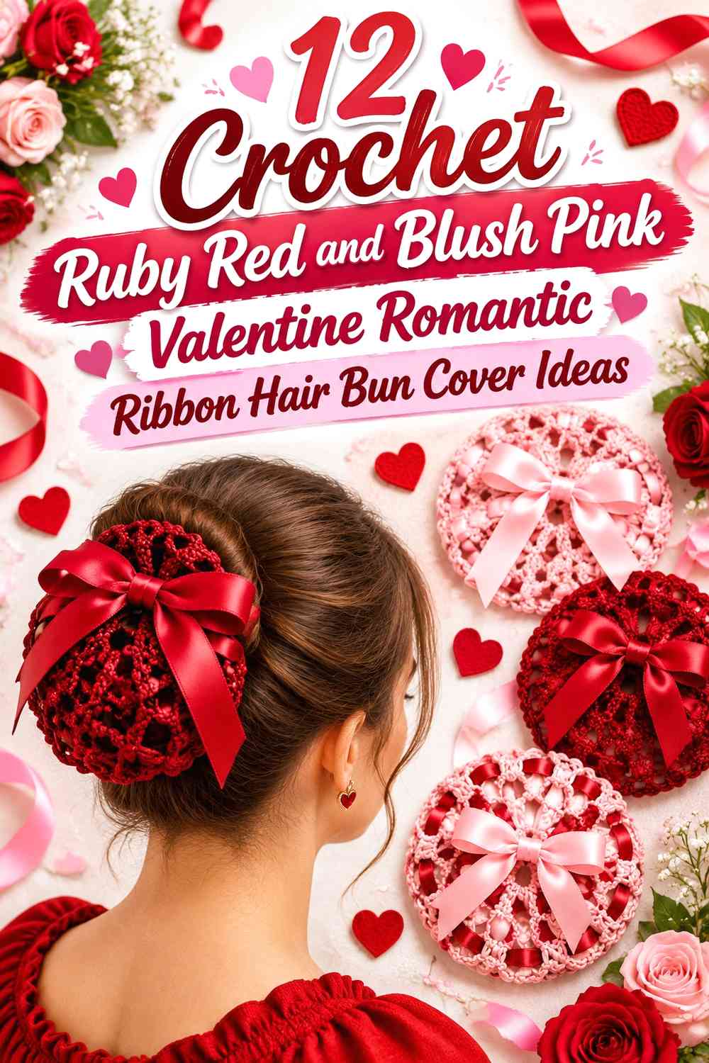 Crochet Ruby Red and Blush Pink Valentine Romantic Ribbon Hair Bun Cover Ideas