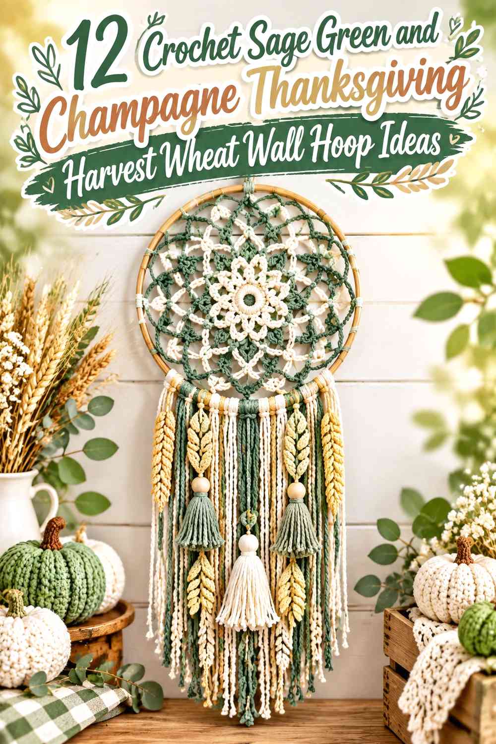 Crochet Sage Green and Champagne Thanksgiving Harvest Wheat Wall Hoop Ideas