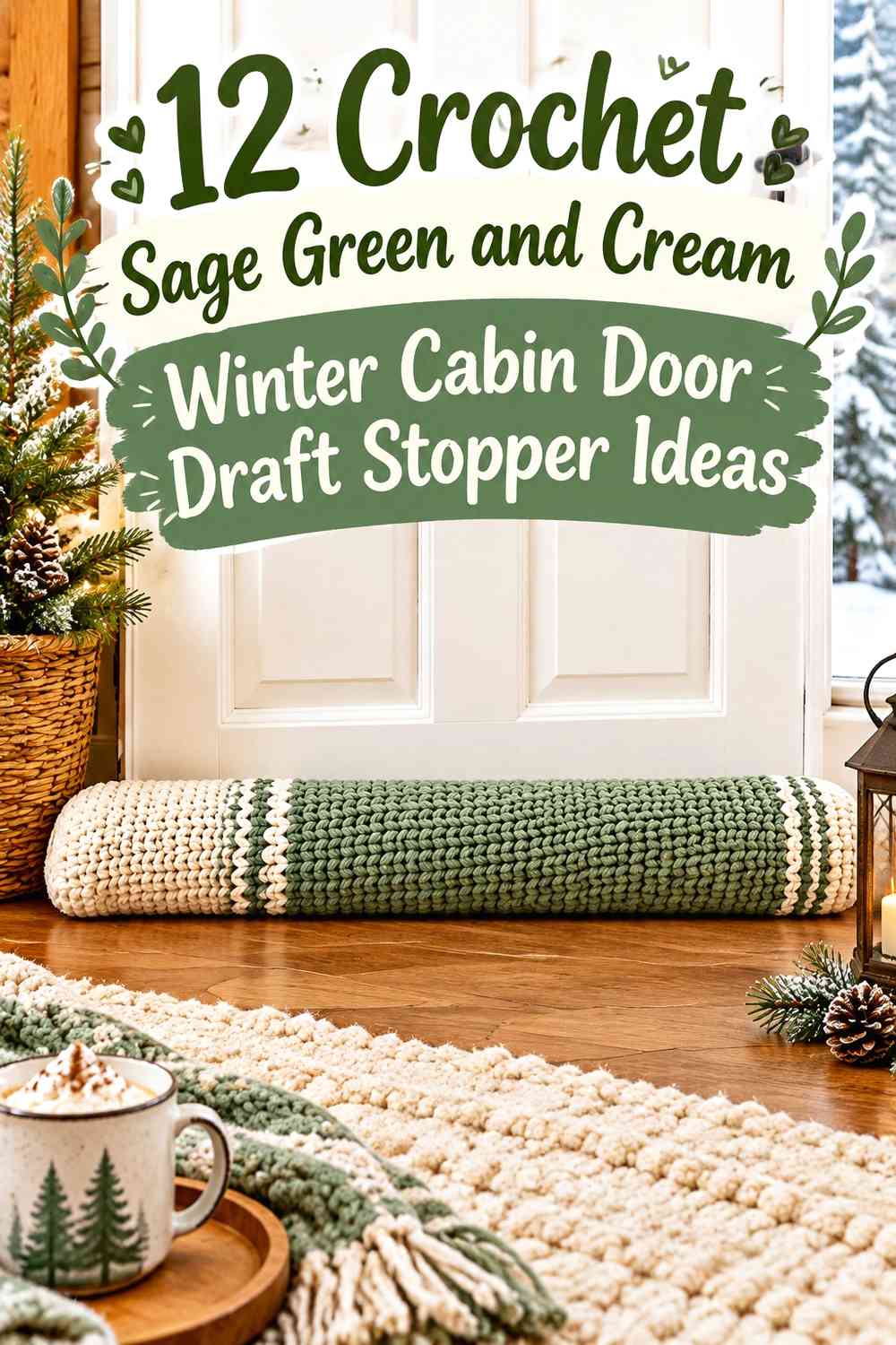 Crochet Sage Green and Cream Winter Cabin Door Draft Stopper Ideas
