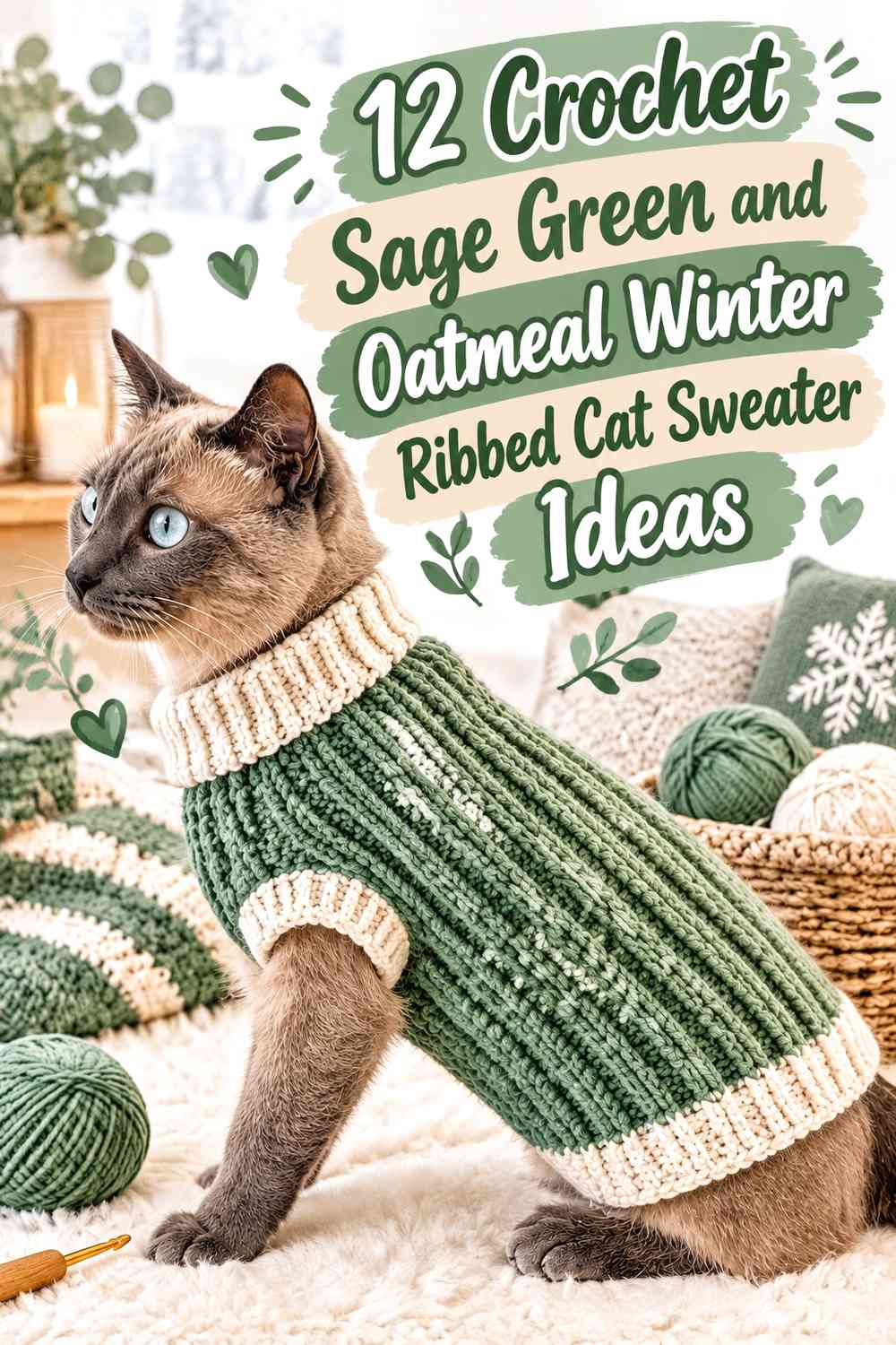 Crochet Sage Green and Oatmeal Winter Ribbed Cat Sweater Ideas