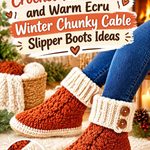 Crochet Terracotta and Warm Ecru Winter Chunky Cable Slipper Boots Ideas
