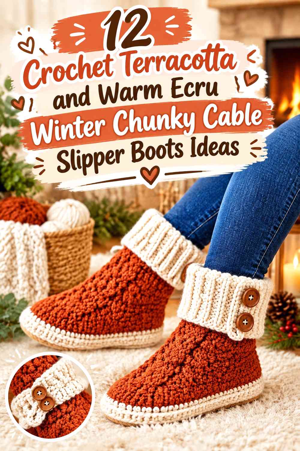 Crochet Terracotta and Warm Ecru Winter Chunky Cable Slipper Boots Ideas
