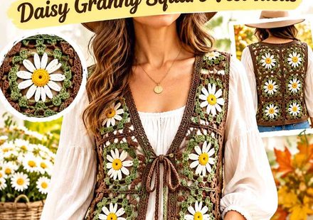 Crochet Wasabi Green and Cocoa Brown Fall Retro Daisy Granny Square Vest Ideas