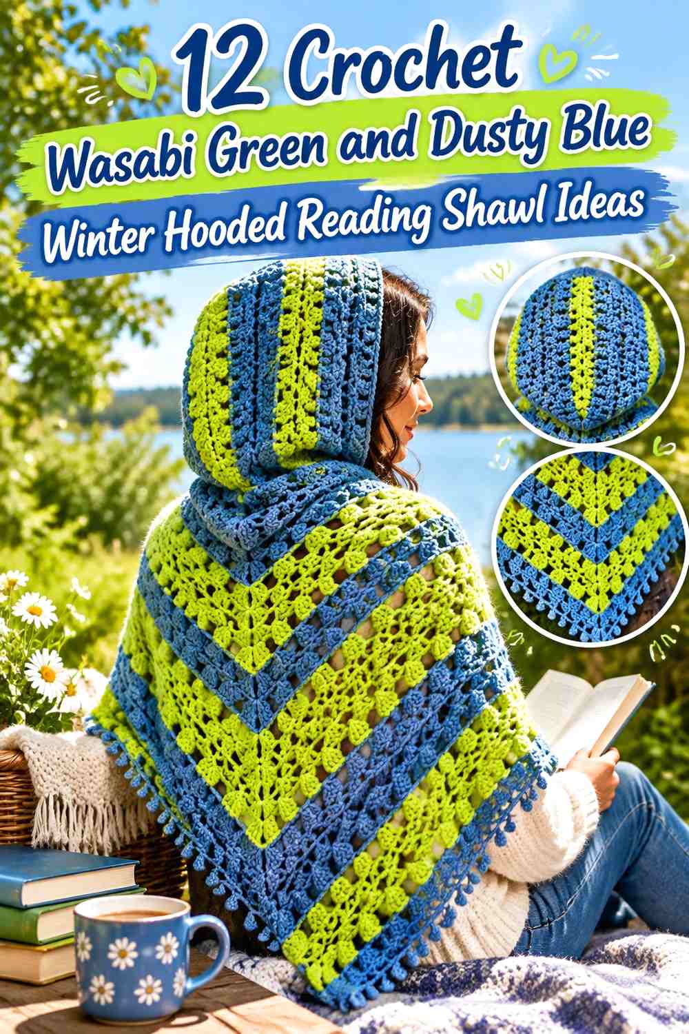 Crochet Wasabi Green and Dusty Blue Winter Hooded Reading Shawl Ideas