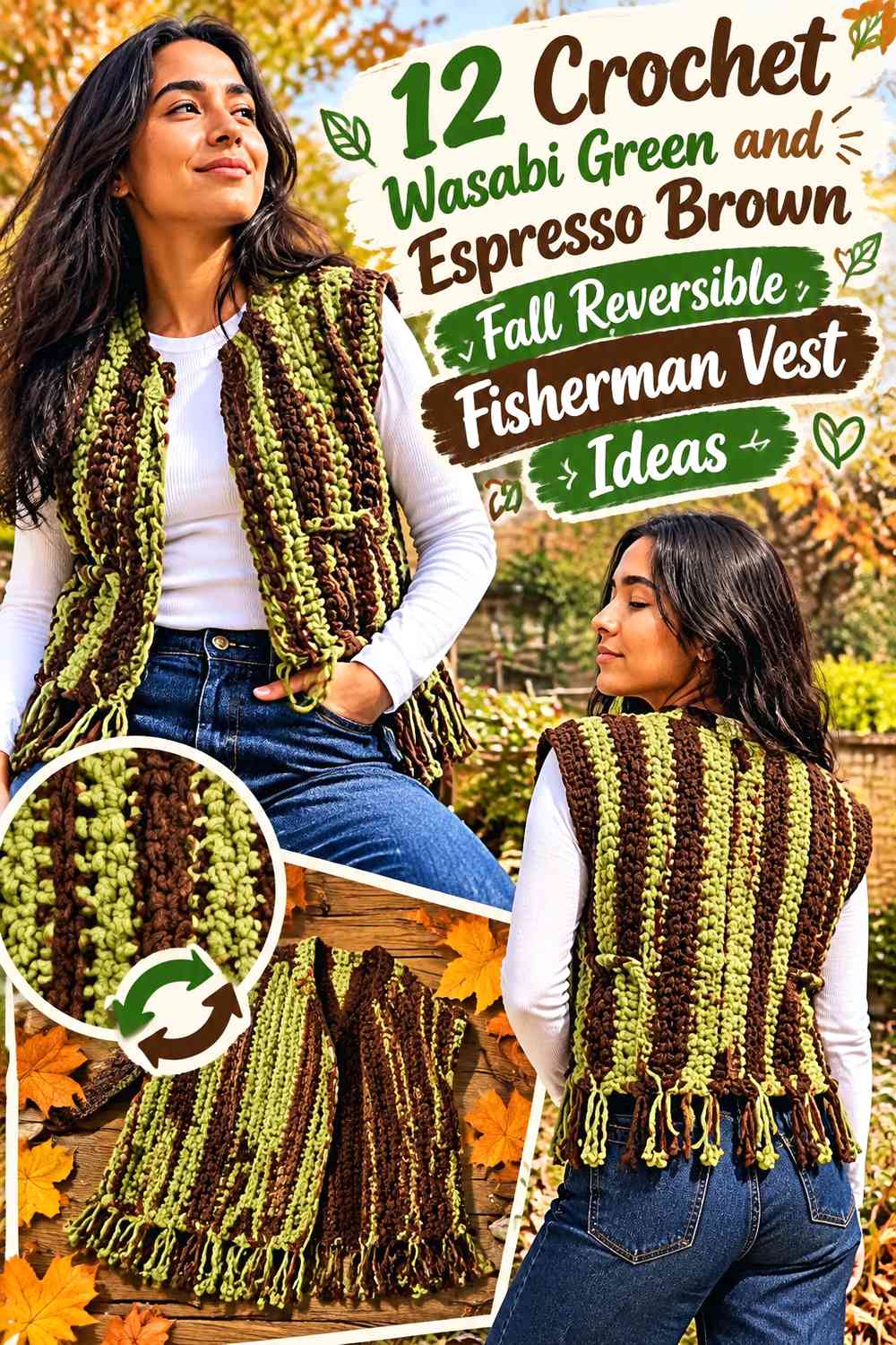 Crochet Wasabi Green and Espresso Brown Fall Reversible Fisherman Vest Ideas