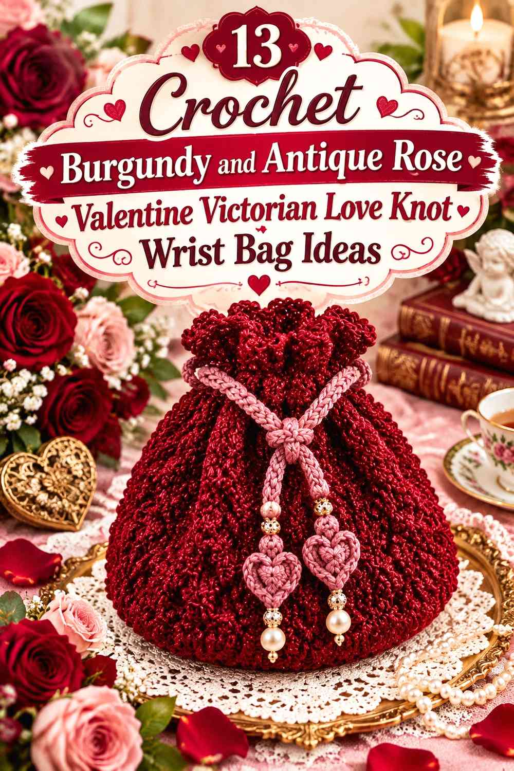 Crochet Burgundy and Antique Rose Valentine Victorian Love Knot Wrist Bag Ideas