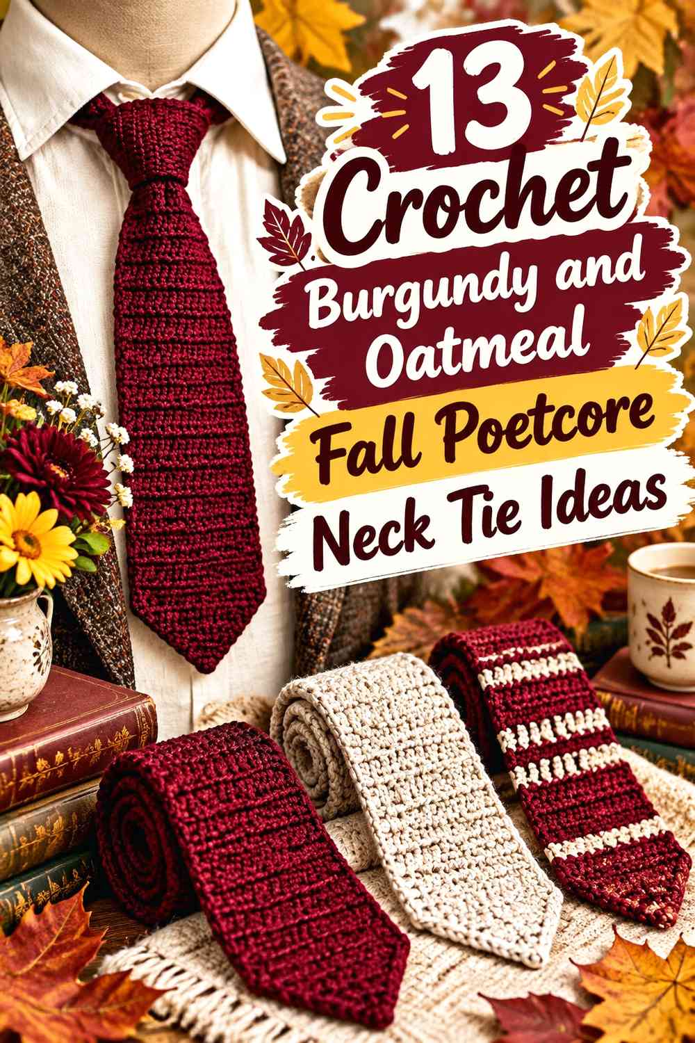 Crochet Burgundy and Oatmeal Fall Poetcore Neck Tie Ideas