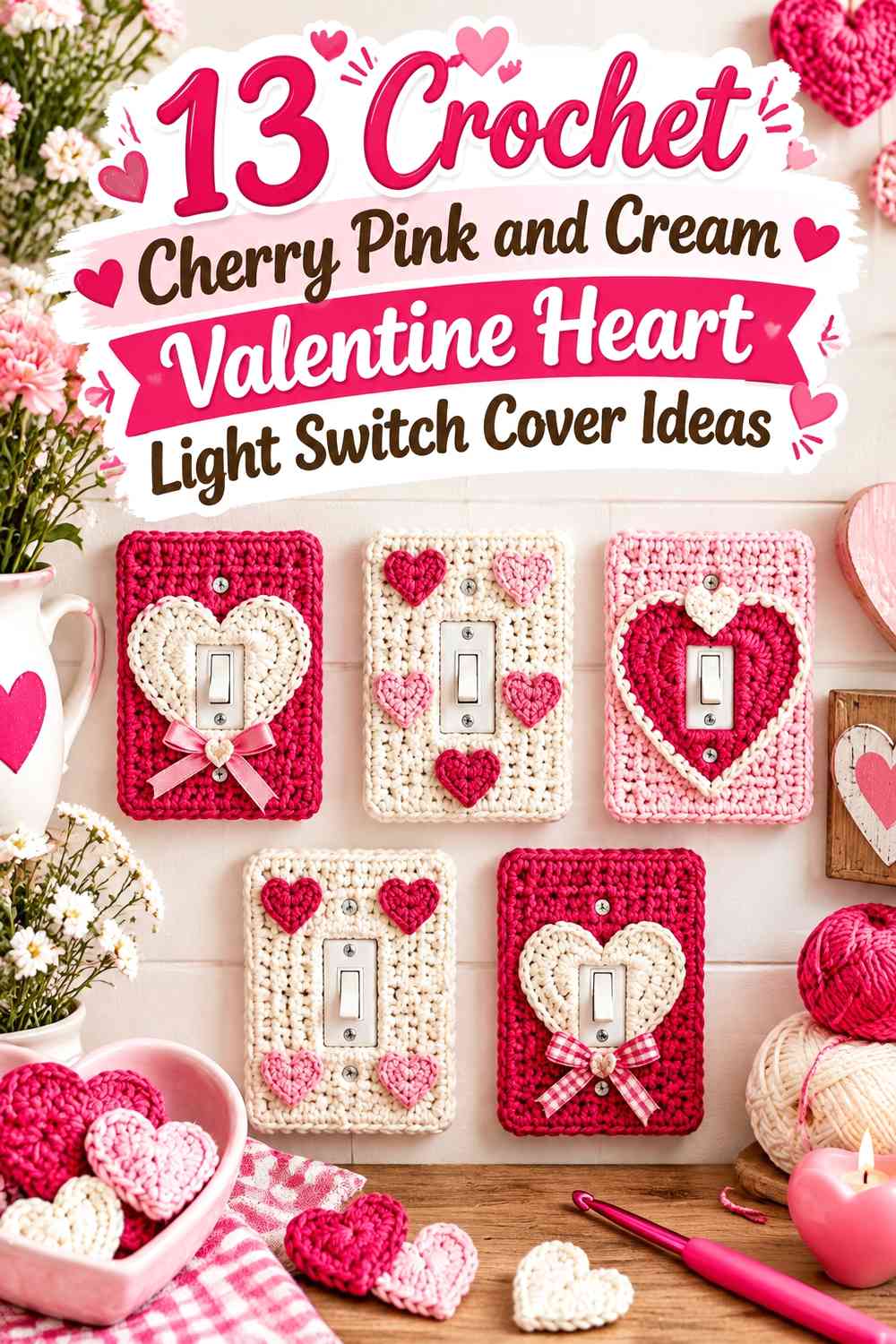 Crochet Cherry Pink and Cream Valentine Heart Light Switch Cover Ideas