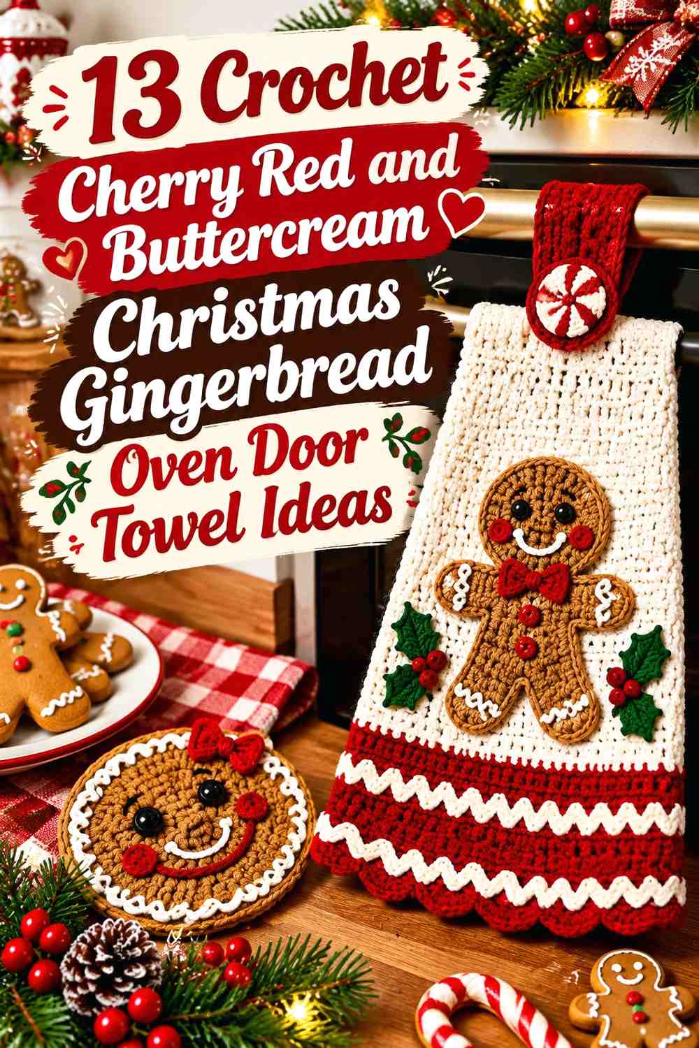 Crochet Cherry Red and Buttercream Christmas Gingerbread Oven Door Towel Ideas