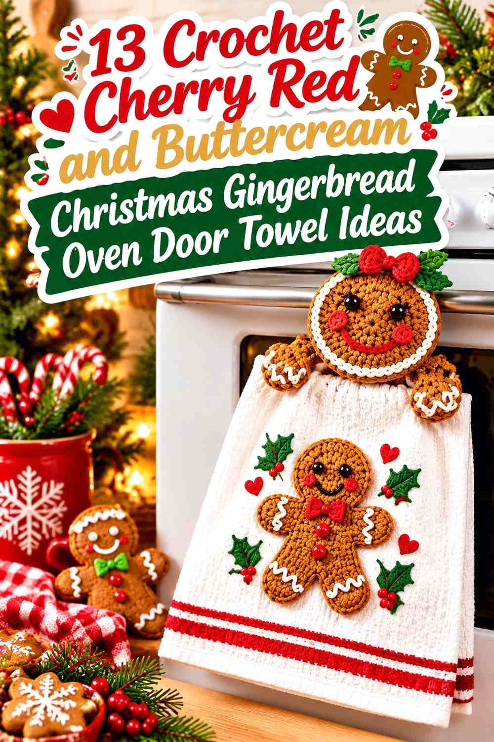 Crochet Cherry Red and Buttercream Christmas Gingerbread Oven Door Towel Ideas