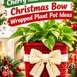 Crochet Cherry Red and Cream Christmas Bow Wrapped Plant Pot Ideas