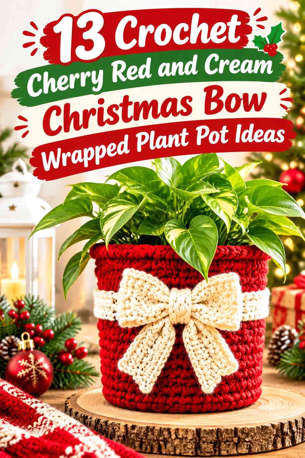 Crochet Cherry Red and Cream Christmas Bow Wrapped Plant Pot Ideas