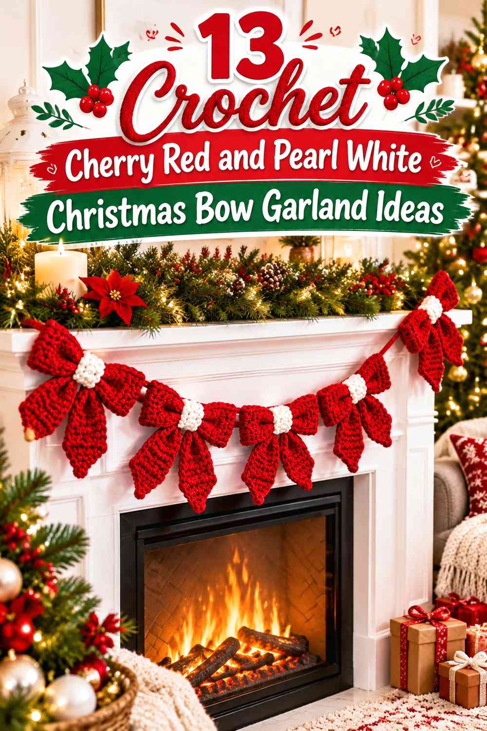 Crochet Cherry Red and Pearl White Christmas Bow Garland Ideas