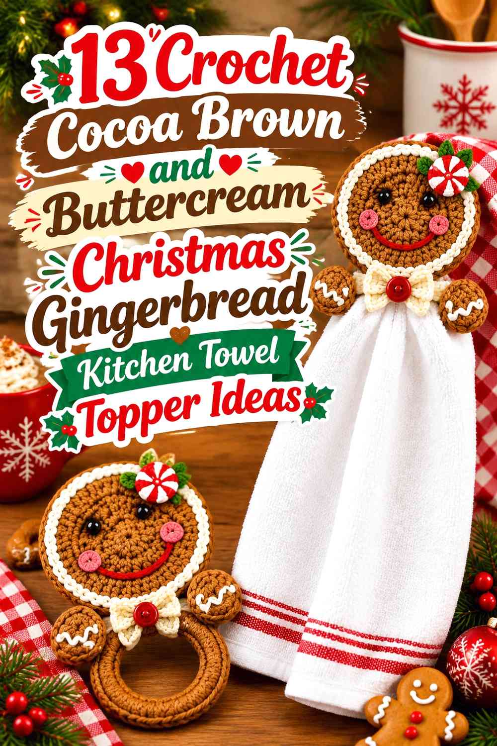 Crochet Cocoa Brown and Buttercream Christmas Gingerbread Kitchen Towel Topper Ideas