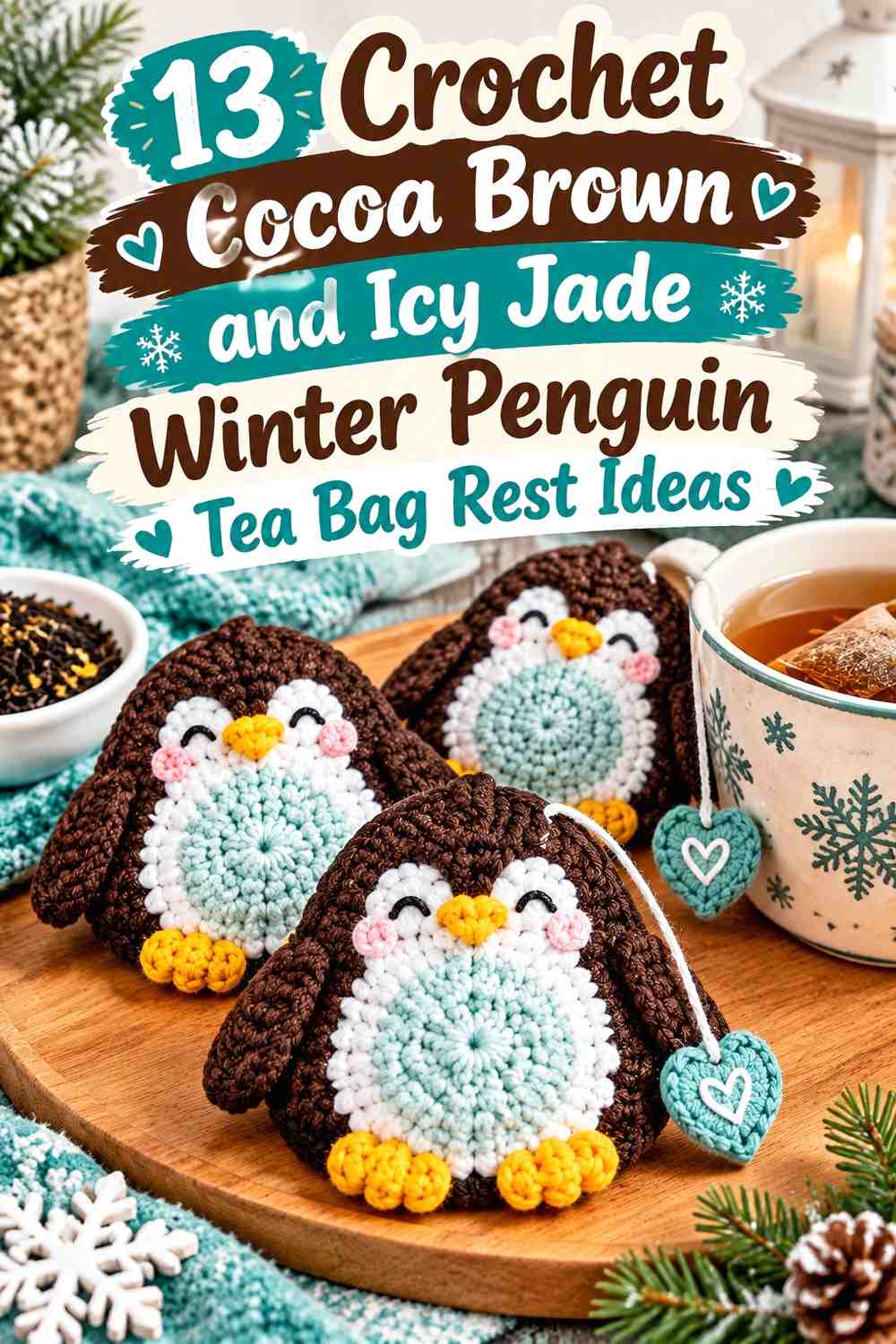 Cocoa Brown and Icy Jade Crochet Winter Penguin Tea Bag Rest Ideas