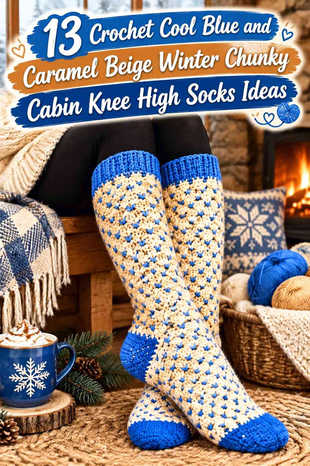 Crochet Cool Blue and Caramel Beige Winter Chunky Cabin Knee High Socks Ideas