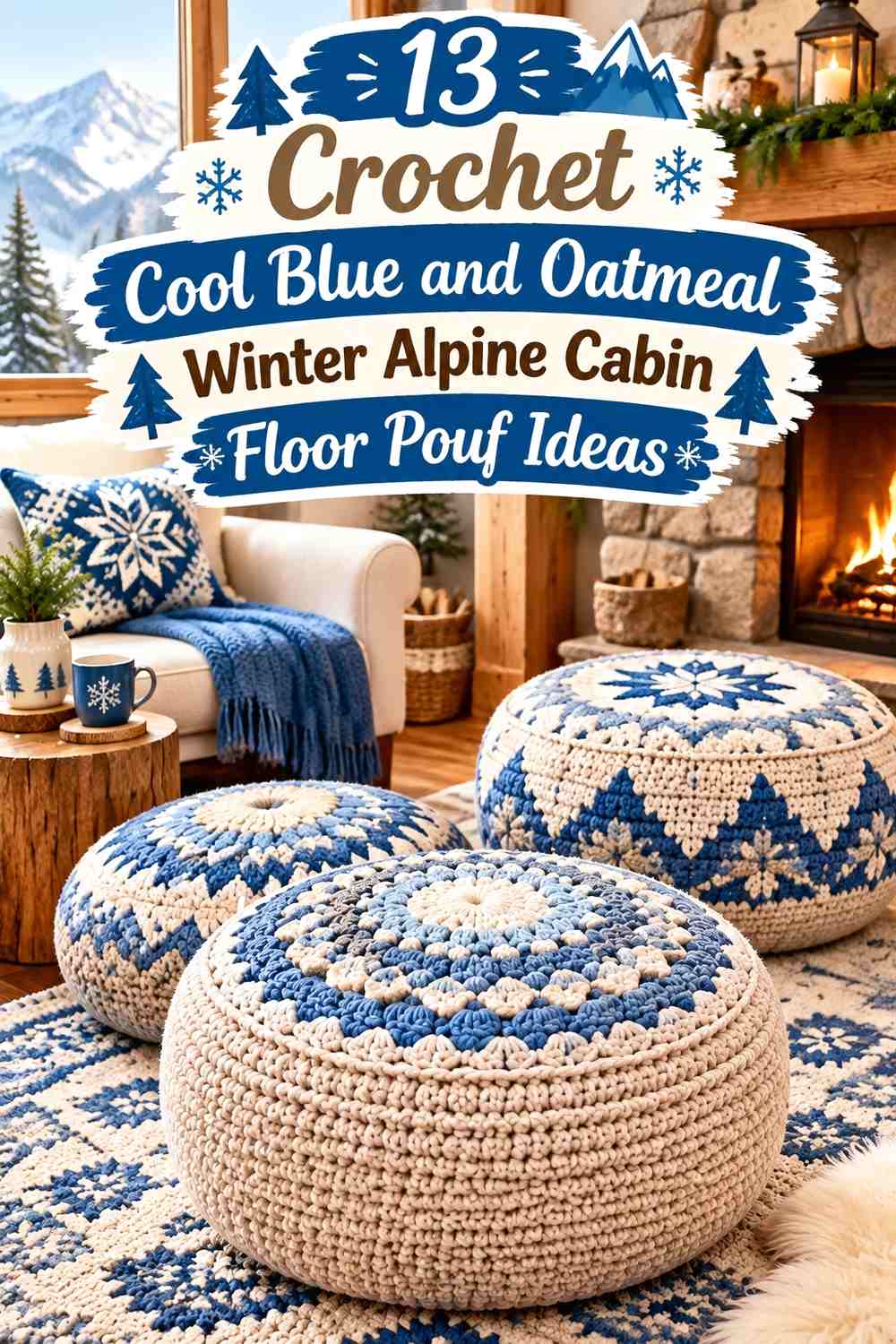 Crochet Cool Blue and Oatmeal Winter Alpine Cabin Floor Pouf Ideas