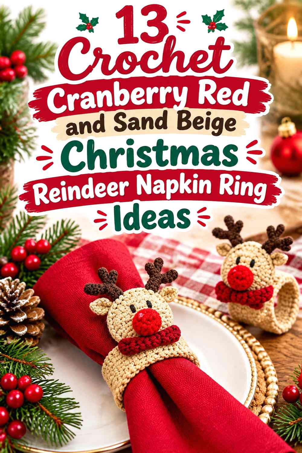 Crochet Cranberry Red and Sand Beige Christmas Reindeer Napkin Ring Ideas