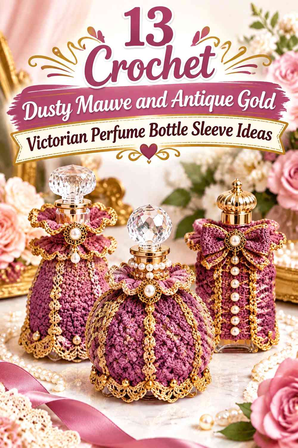 Crochet Dusty Mauve and Antique Gold Victorian Perfume Bottle Sleeve Ideas
