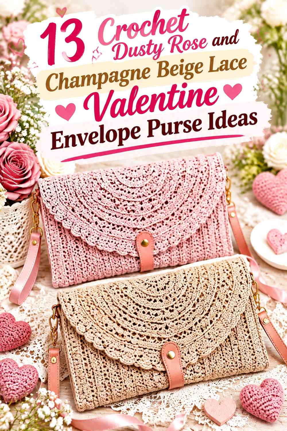 Crochet Dusty Rose and Champagne Beige Valentine Lace Envelope Purse Ideas