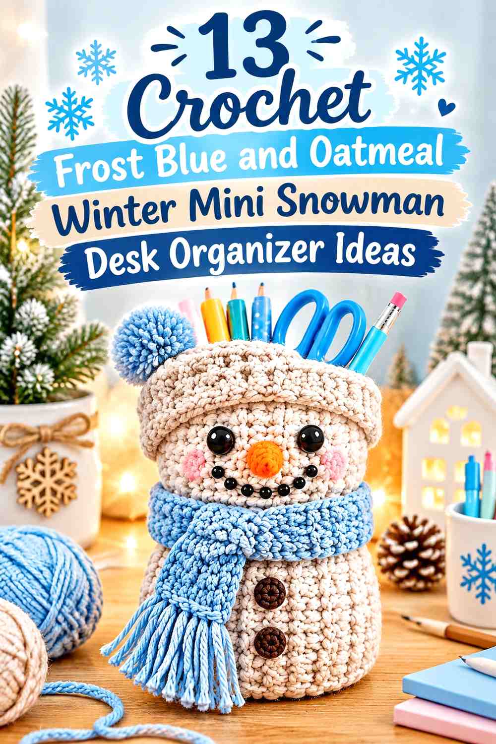 Crochet Frost Blue and Oatmeal Winter Mini Snowman Desk Organizer Ideas